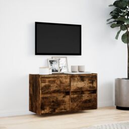 Berkfield Home TV Wall Cabinet with LED Lights Smoked Oak 80x31x45 cm in Brown - Size: 80 x 31 x 45 cm - thumbnail 4