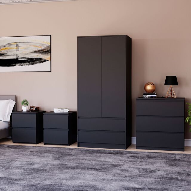 Home Discount Vida Designs Denver 4Pc Bedroom Set(2 Bedside, 3 Drawer Chest, Wardrobe) in Black - image 1