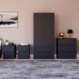 Home Discount Vida Designs Denver 4Pc Bedroom Set(2 Bedside, 3 Drawer Chest, Wardrobe) in Black - thumbnail 6