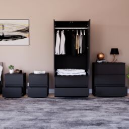 Home Discount Vida Designs Denver 4Pc Bedroom Set(2 Bedside, 3 Drawer Chest, Wardrobe) in Black - thumbnail 7