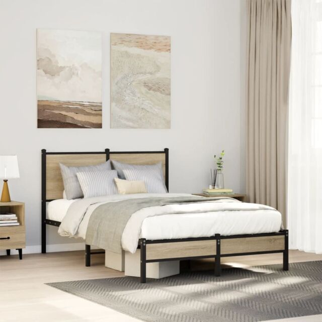 Berkfield Home Metal Bed Frame without Mattress Sonoma Oak 120x200 cm in Brown - Size: Small Double - image 1