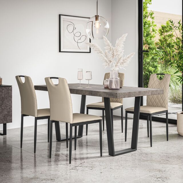 More4Homes Aria Dining Table & Chairs - Concrete Effect Table Top w Black Legs + Monza Faux Leather Dining Chair Set Of 4 in Beige - image 1