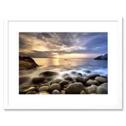 "Artery8 Wall Art Print Sunset Rocky Seaside Beach Framed in White - Size: W7"" x H9""" - thumbnail 1