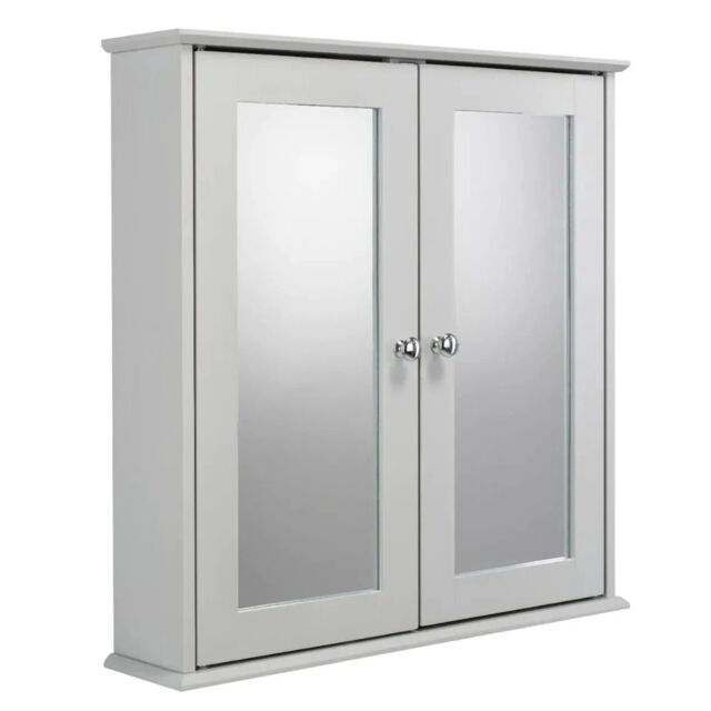EONLION Croydex FlexiFix Ashby Grey Wooden Double Door Mirror Bathroom Storage Cabinet - image 1