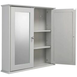 EONLION Croydex FlexiFix Ashby Grey Wooden Double Door Mirror Bathroom Storage Cabinet - thumbnail 3
