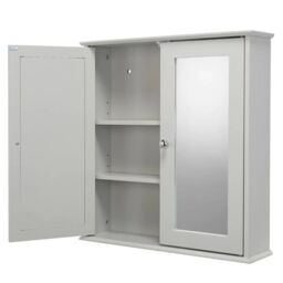 EONLION Croydex FlexiFix Ashby Grey Wooden Double Door Mirror Bathroom Storage Cabinet - thumbnail 2