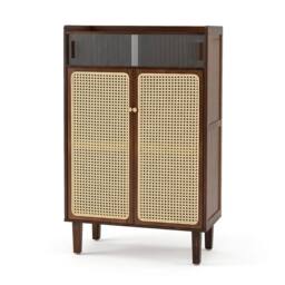 VOGREX Bamboo Shoe Cabinet Sliding Rattan Door 6-Tier in Brown