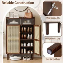 VOGREX Bamboo Shoe Cabinet Sliding Rattan Door 6-Tier in Brown - thumbnail 4
