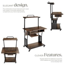 tectake Desk Fife - 3 Levels, Attachable Shelf & Keyboard Tray, 4 Castors in Brown - thumbnail 3