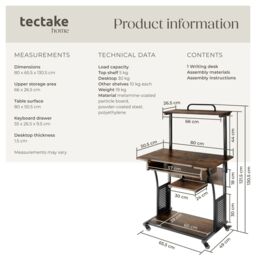 tectake Desk Fife - 3 Levels, Attachable Shelf & Keyboard Tray, 4 Castors in Brown - thumbnail 6
