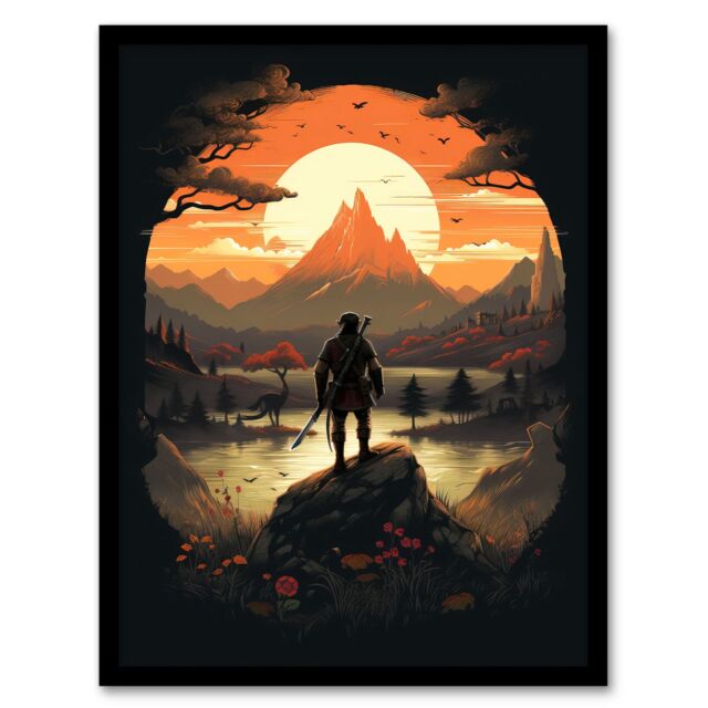 Artery8 Wall Art Print Samurai Master Looking at Sunset Horizon Dramatic Painting Black Orange Cherry Blossoms Flowers & Pine Trees in Japan Mountain - image 1