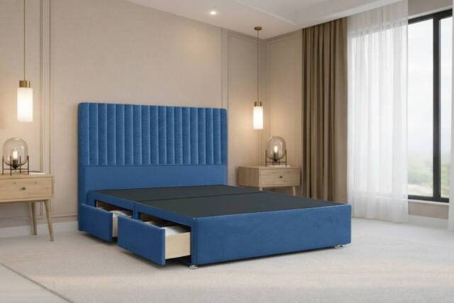 "Nexus Mattresses Ltd Amalfi Plush Divan Bed Base 4 Drawers - 54"" Headboard in Blue - Size: Small Double" - image 1