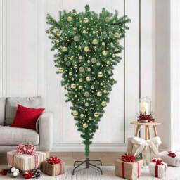 Berkfield Home Upside-down Artificial Pre-lit Christmas Tree with Ball Set in Green - thumbnail 1