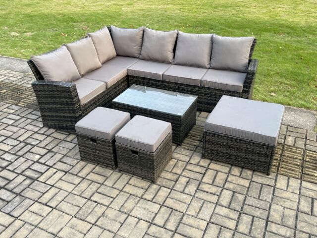 Fimous 9 Seater High Back Outdoor Garden Furniture Set Rattan Corner Sofa Set With Rectangular Coffee Table in Dark Grey - image 1