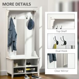 HOMCOM Hallway Furniture Set Shoe Bench Storage Mirror Cabinet Coat Rack in White - thumbnail 6
