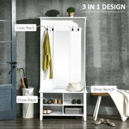 HOMCOM Hallway Furniture Set Shoe Bench Storage Mirror Cabinet Coat Rack in White - thumbnail 4