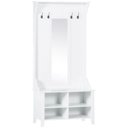 HOMCOM Hallway Furniture Set Shoe Bench Storage Mirror Cabinet Coat Rack in White - thumbnail 2