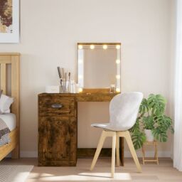 Berkfield Home Dressing Table with LED Lights Smoked Oak 90x42x132.5 cm in Brown