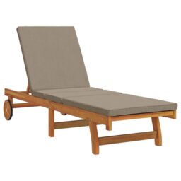 Berkfield Home Sun Lounger with Wheels & Cushion in Taupe Solid Wood in Brown - thumbnail 2