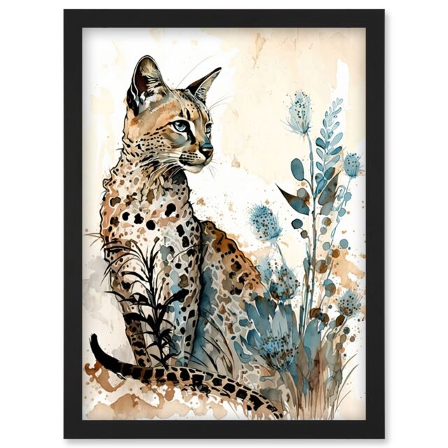 Artery8 Savannah Cat & Wildflowers Modern Watercolour & Ink Illustration Artwork Framed Wall Art Print A4 in Black - image 1