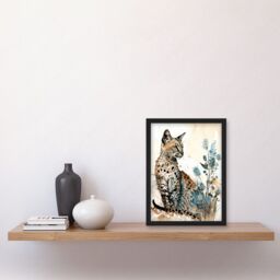Artery8 Savannah Cat & Wildflowers Modern Watercolour & Ink Illustration Artwork Framed Wall Art Print A4 in Black - thumbnail 2