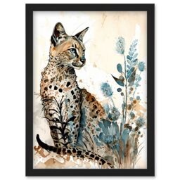 Artery8 Savannah Cat & Wildflowers Modern Watercolour & Ink Illustration Artwork Framed Wall Art Print A4 in Black - thumbnail 1