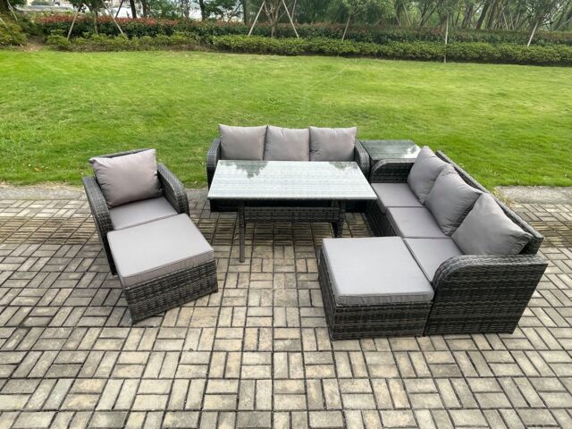 Fimous 9 Seater Outdoor Rattan Garden Furniture Set Oblong Dining Table & Chairs Set with 3 Seater Sofa 2 Big Footstool Side Table Dark Grey Mixed - image 1
