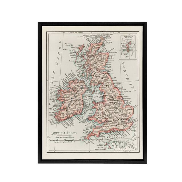 "Artery8 1900 British Isles Map Rand Mcnally Black Framed Canvas Art Print in White - Size: W12"" x H16""" - image 1