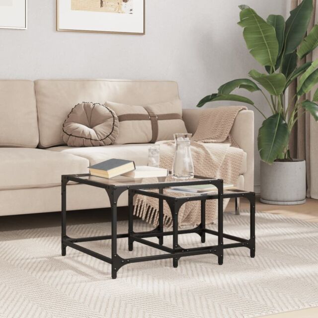Berkfield Home Nesting Coffee Tables 2 pcs with Transparent Glass Top Steel in Brown