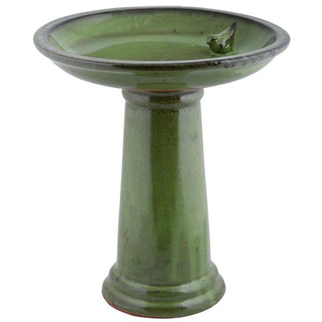 Primrose Glazed Ceramic Pedestal Outdoor Garden Bird Bath in Green - image 1