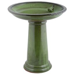 Primrose Glazed Ceramic Pedestal Outdoor Garden Bird Bath in Green - thumbnail 1