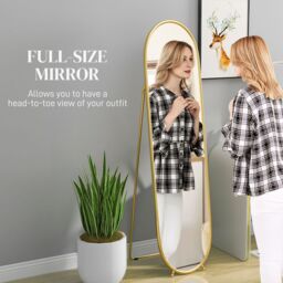 HOMCOM Oval Full Length Mirror with Metal Frame Hanging or Leaning in Gold - thumbnail 4