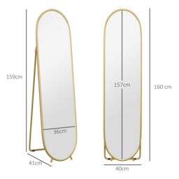 HOMCOM Oval Full Length Mirror with Metal Frame Hanging or Leaning in Gold - thumbnail 3