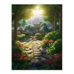 Artery8 Wall Art Print Flowers Blooming in Serene Japan Zen Garden Acrylic Painting Steps Path Leading to Stone Lantern Bathed in Sunlight Poster - thumbnail 1