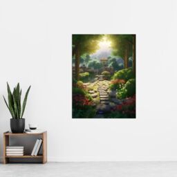 Artery8 Wall Art Print Flowers Blooming in Serene Japan Zen Garden Acrylic Painting Steps Path Leading to Stone Lantern Bathed in Sunlight Poster - thumbnail 4