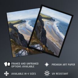 "Artery8 Rhossili Bay Coastal Cliff Landscape Oil Painting Framed Art Print in Blue - Size: W12"" x H16""" - thumbnail 2