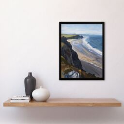 "Artery8 Rhossili Bay Coastal Cliff Landscape Oil Painting Framed Art Print in Blue - Size: W12"" x H16""" - thumbnail 4