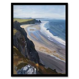 "Artery8 Rhossili Bay Coastal Cliff Landscape Oil Painting Framed Art Print in Blue - Size: W12"" x H16""" - thumbnail 1