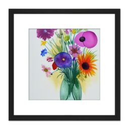 Artery8 Flower Summer Blooms Bouquet in Green Glass Vase Watercolour Painting Square Wooden Framed Wall Art Print Picture 8X8 Inch in Black - thumbnail 1