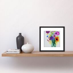 Artery8 Flower Summer Blooms Bouquet in Green Glass Vase Watercolour Painting Square Wooden Framed Wall Art Print Picture 8X8 Inch in Black - thumbnail 2