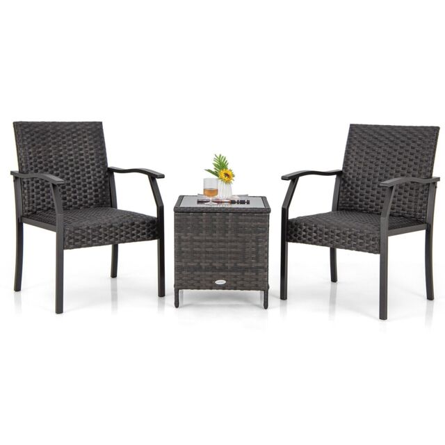 Costway 3 Piece Patio Wicker Chair Set Outdoor Rattan Conversation Set w/ Padded Seat in Dark Brown - image 1