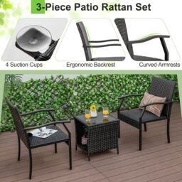 Costway 3 Piece Patio Wicker Chair Set Outdoor Rattan Conversation Set w/ Padded Seat in Dark Brown - thumbnail 5