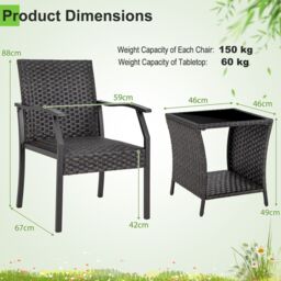 Costway 3 Piece Patio Wicker Chair Set Outdoor Rattan Conversation Set w/ Padded Seat in Dark Brown - thumbnail 2