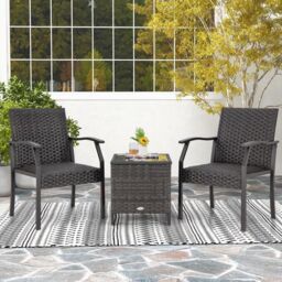 Costway 3 Piece Patio Wicker Chair Set Outdoor Rattan Conversation Set w/ Padded Seat in Dark Brown - thumbnail 4