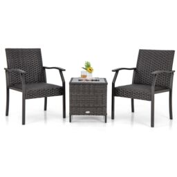 Costway 3 Piece Patio Wicker Chair Set Outdoor Rattan Conversation Set w/ Padded Seat in Dark Brown - thumbnail 1