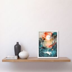 Artery8 Lakeside Forest Landscape Peaceful Sunrise Morning Modern Watercolour Painting Artwork Framed Wall Art Print A4 in White - thumbnail 2