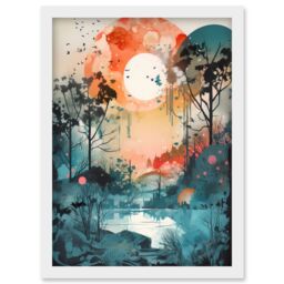 Artery8 Lakeside Forest Landscape Peaceful Sunrise Morning Modern Watercolour Painting Artwork Framed Wall Art Print A4 in White - thumbnail 1