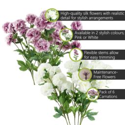 Pegdev Pack of 6 70cm Artificial Pink Carnation Stems with Silk Flowers - thumbnail 2