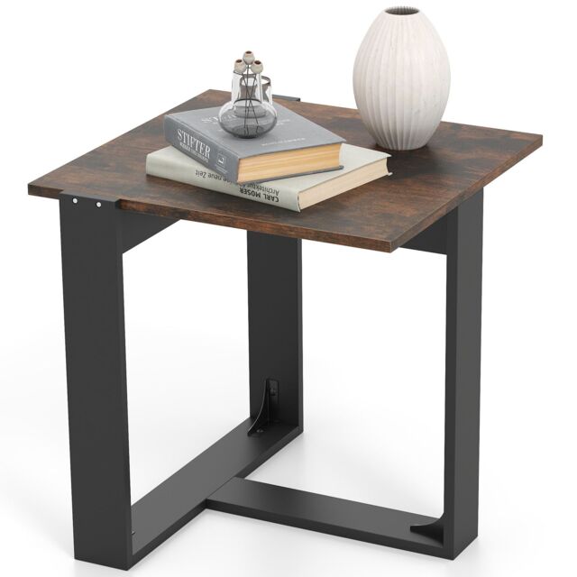 Gymax Square Side Table Industrial Nightstand With T-Shaped Metal Base in Brown - image 1