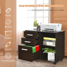 Costway 3-Drawer File Cabinet Mobile Printer Stand Lateral Filing Cabinet W/ Hanging Bars in Brown - thumbnail 3